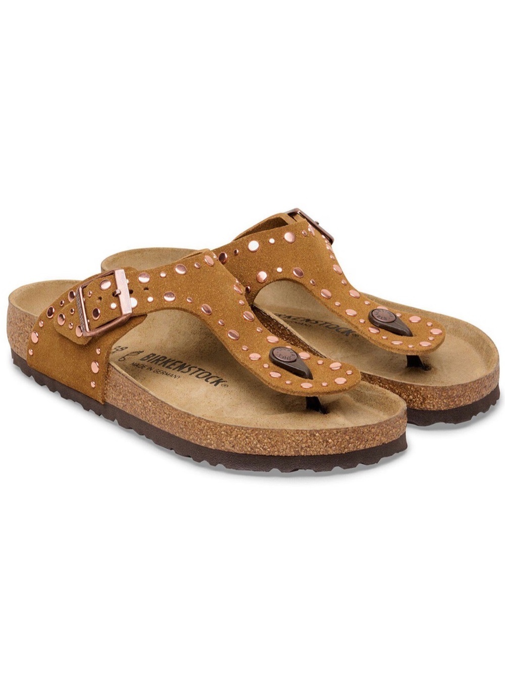 Birkenstock Gizeh Studded Suede Sandal - Brown with Rose Gold Accents